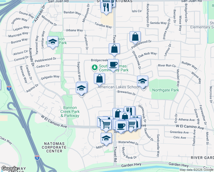 map of restaurants, bars, coffee shops, grocery stores, and more near 1636 Bannon Creek Drive in Sacramento
