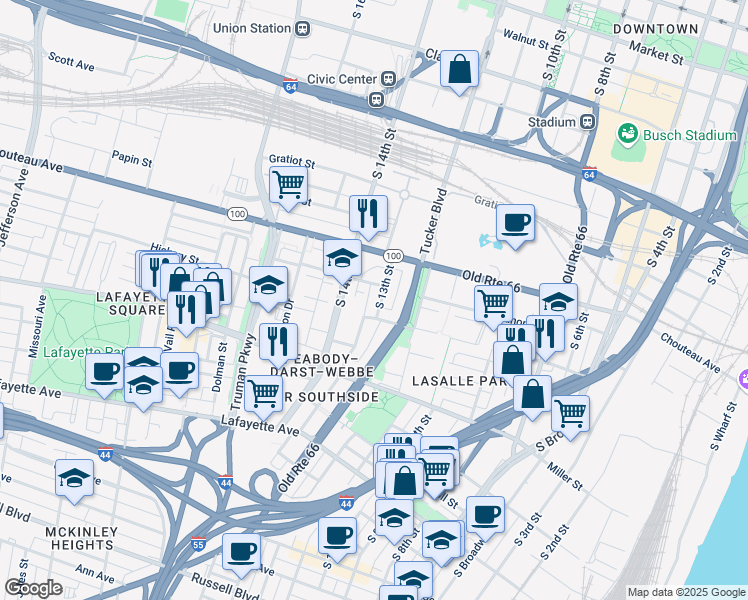 map of restaurants, bars, coffee shops, grocery stores, and more near 1214 South 14th Street in St. Louis