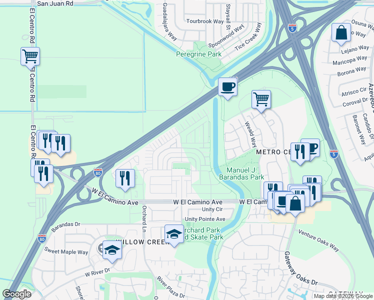 map of restaurants, bars, coffee shops, grocery stores, and more near 2934 Wheat Grass Street in Sacramento