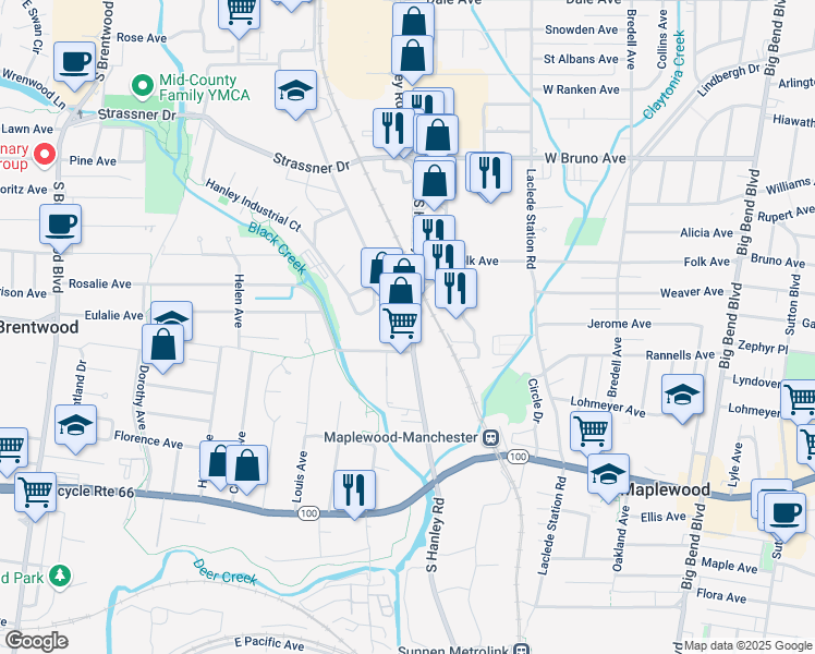 map of restaurants, bars, coffee shops, grocery stores, and more near 2353 South Hanley Road in Brentwood