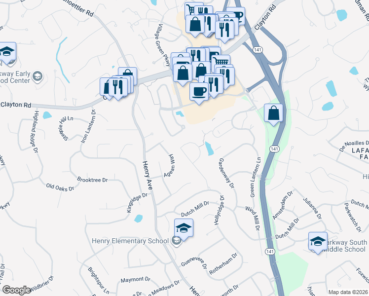 map of restaurants, bars, coffee shops, grocery stores, and more near 711 Penny Court in Ballwin