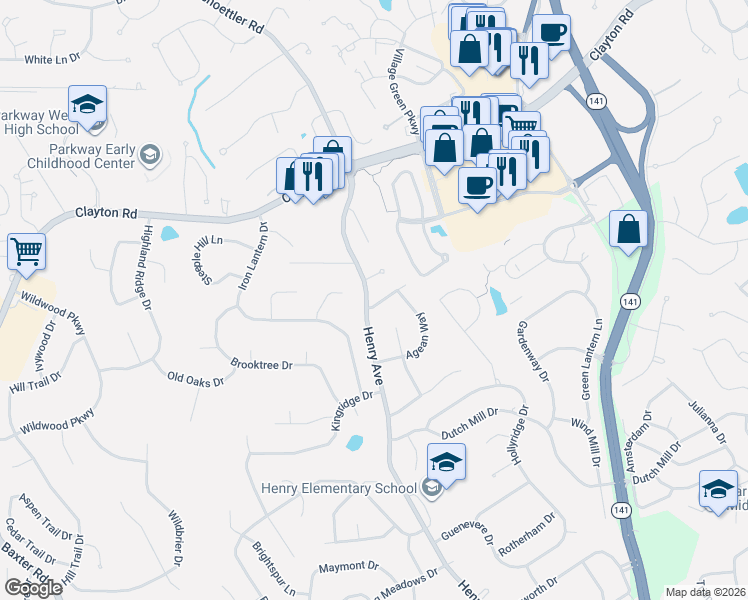 map of restaurants, bars, coffee shops, grocery stores, and more near 601 Rue Montand Drive in Ballwin
