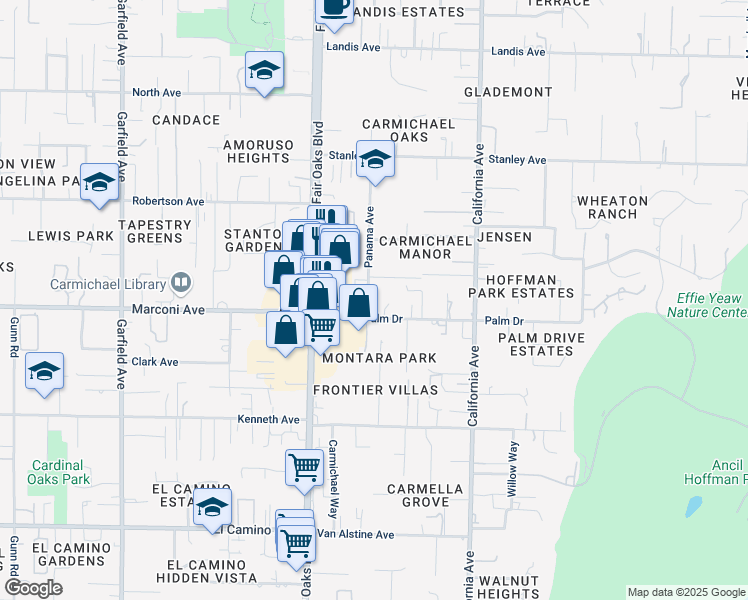 map of restaurants, bars, coffee shops, grocery stores, and more near 2910 Panama Avenue in Carmichael