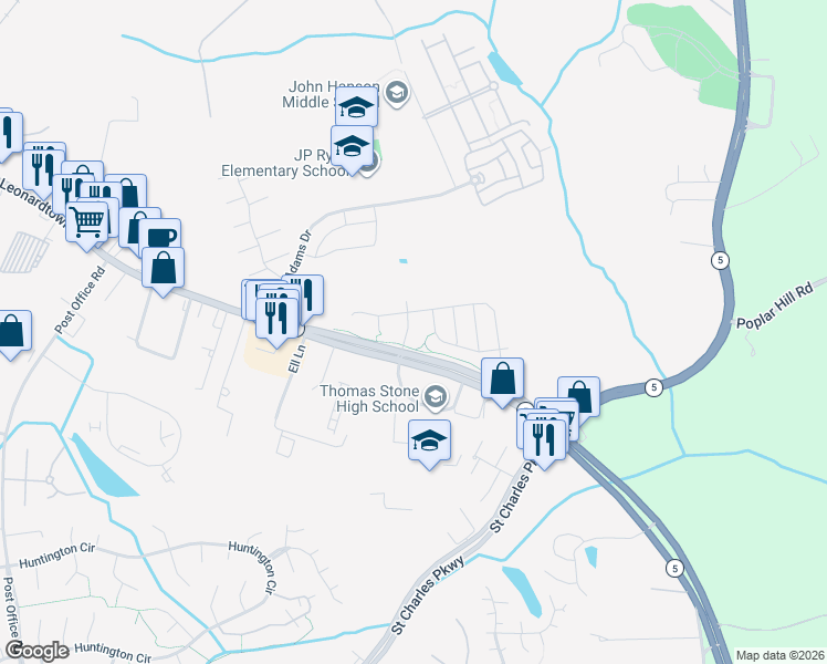 map of restaurants, bars, coffee shops, grocery stores, and more near 3419 Stonebridge Drive in Waldorf