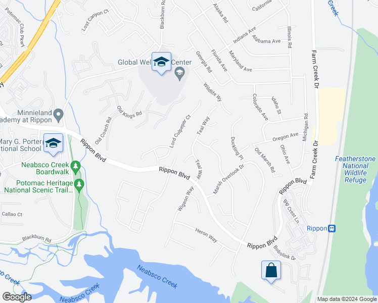 map of restaurants, bars, coffee shops, grocery stores, and more near 1604 Teal Way in Woodbridge