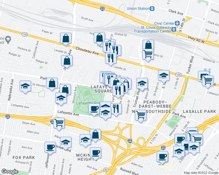 map of restaurants, bars, coffee shops, grocery stores, and more near 1931 Park Avenue in St. Louis