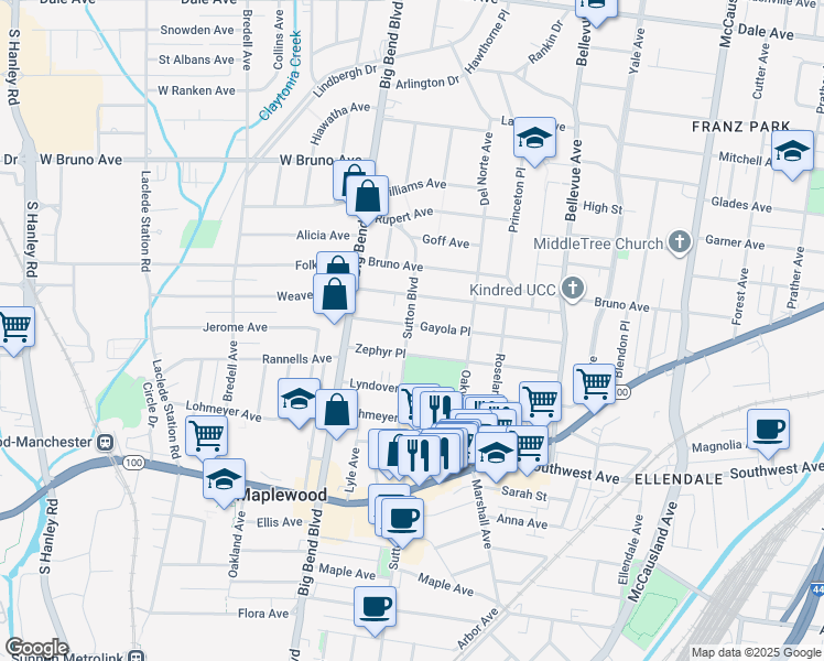 map of restaurants, bars, coffee shops, grocery stores, and more near 7360 Gayola Place in Maplewood