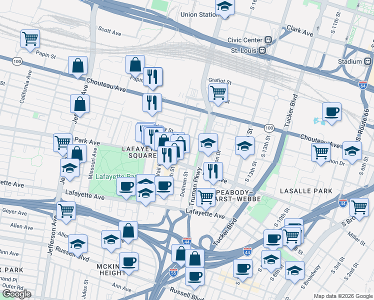 map of restaurants, bars, coffee shops, grocery stores, and more near 1225 Dolman Street in St. Louis
