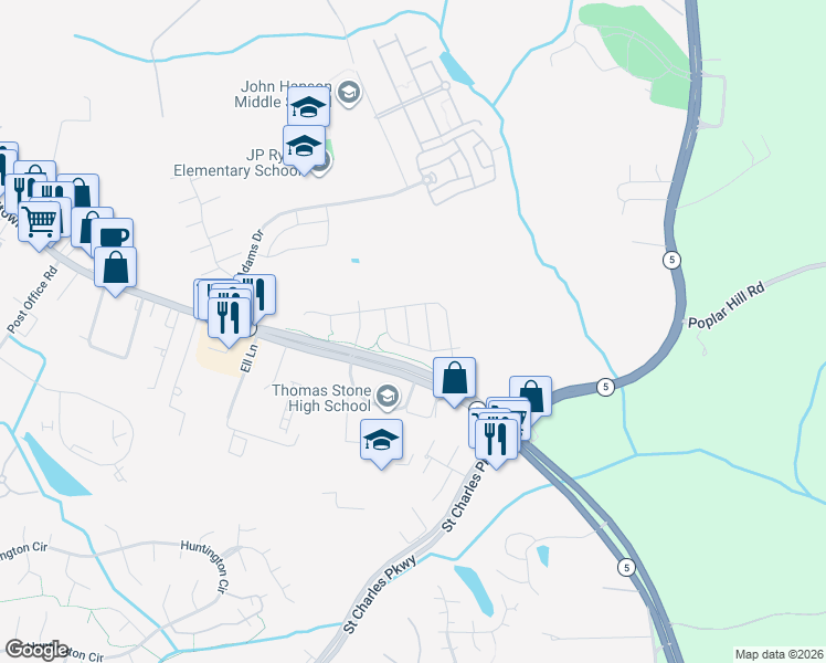 map of restaurants, bars, coffee shops, grocery stores, and more near 3556 Pipestone Place in Waldorf