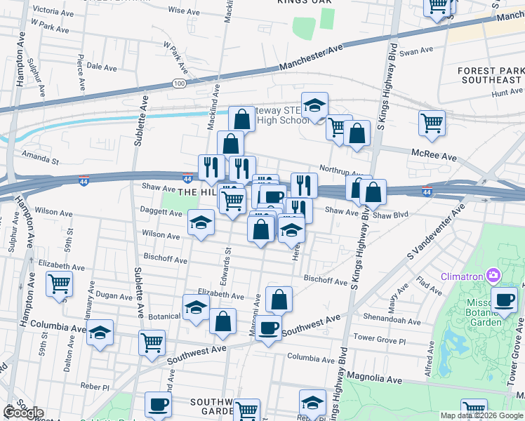 map of restaurants, bars, coffee shops, grocery stores, and more near 5212 Shaw Avenue in St. Louis