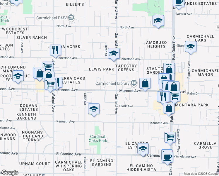 map of restaurants, bars, coffee shops, grocery stores, and more near 5429 Marconi Avenue in Carmichael