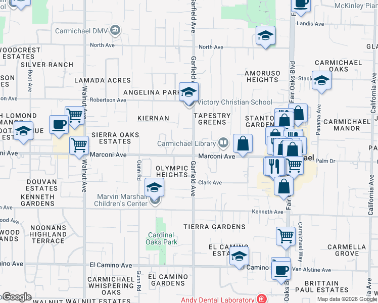 map of restaurants, bars, coffee shops, grocery stores, and more near 2905 Garfield Avenue in Carmichael