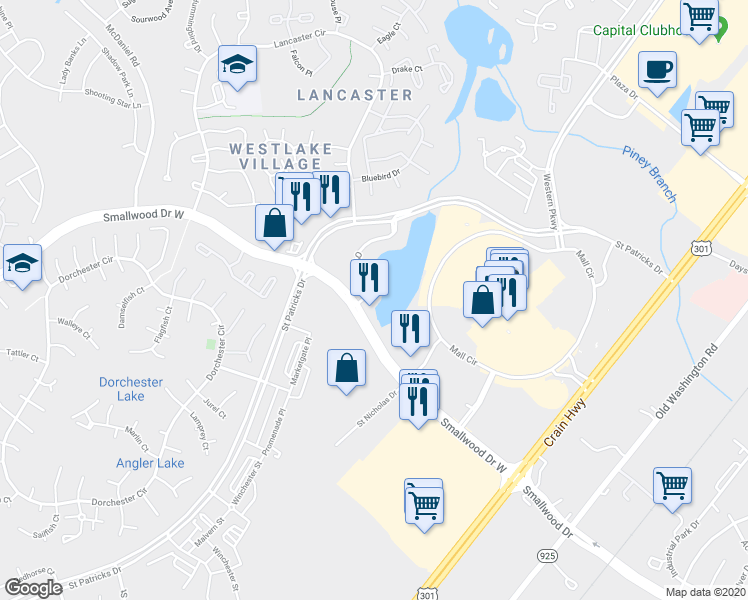 map of restaurants, bars, coffee shops, grocery stores, and more near 10440 Odonnell Place in Waldorf