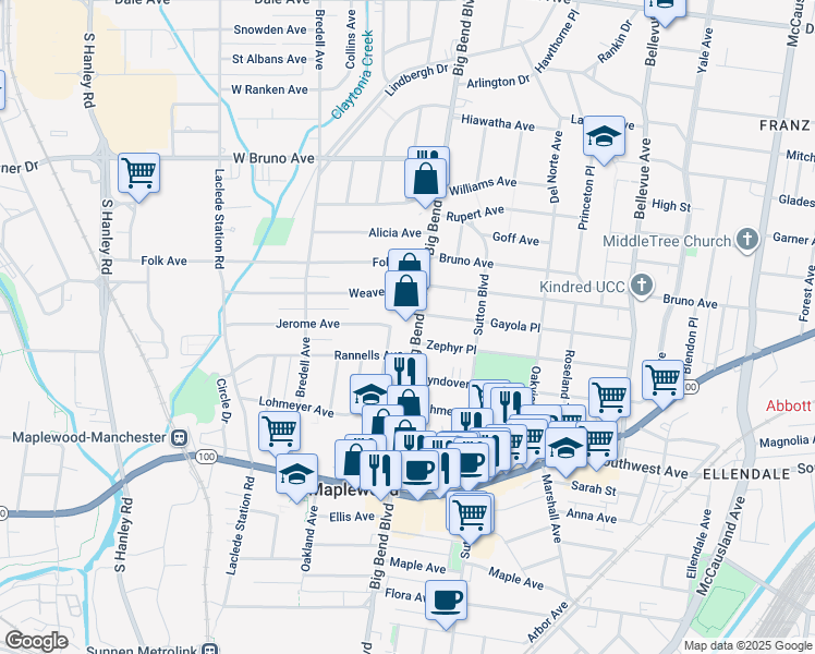 map of restaurants, bars, coffee shops, grocery stores, and more near 2337 South Big Bend Boulevard in St. Louis