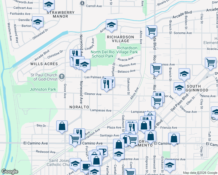 map of restaurants, bars, coffee shops, grocery stores, and more near 2741 Fairfield Street in Sacramento