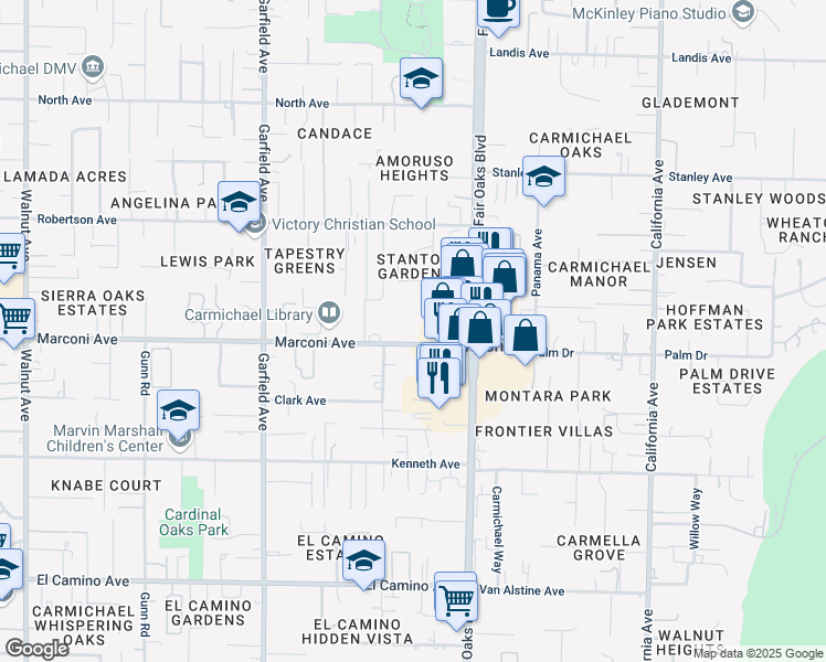 map of restaurants, bars, coffee shops, grocery stores, and more near 5733 Marconi Avenue in Carmichael
