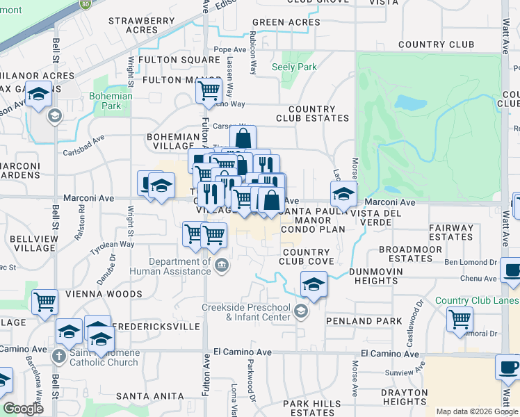 map of restaurants, bars, coffee shops, grocery stores, and more near 2746 Marconi Avenue in Sacramento