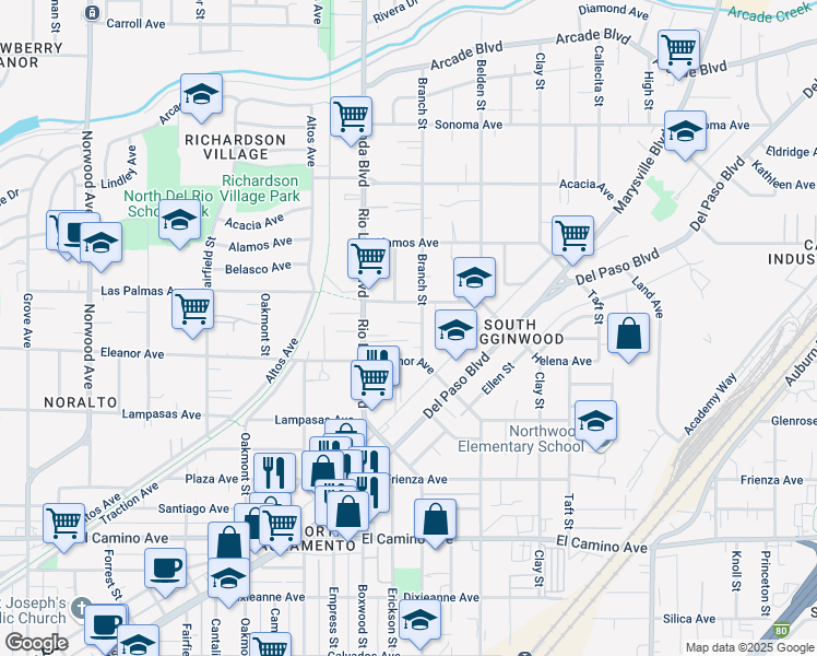 map of restaurants, bars, coffee shops, grocery stores, and more near 2747 Branch Street in Sacramento