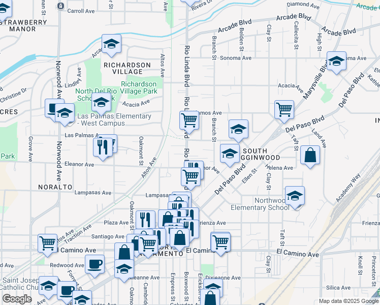 map of restaurants, bars, coffee shops, grocery stores, and more near 2748 Rio Linda Boulevard in Sacramento