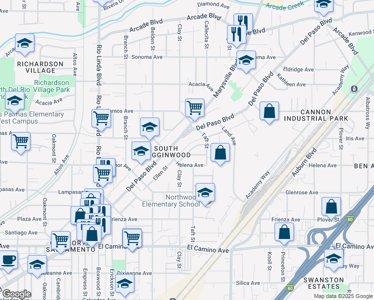 map of restaurants, bars, coffee shops, grocery stores, and more near 2825 Janette Way in Sacramento