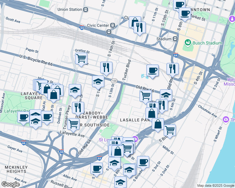 map of restaurants, bars, coffee shops, grocery stores, and more near 1111 South Tucker Boulevard in St. Louis