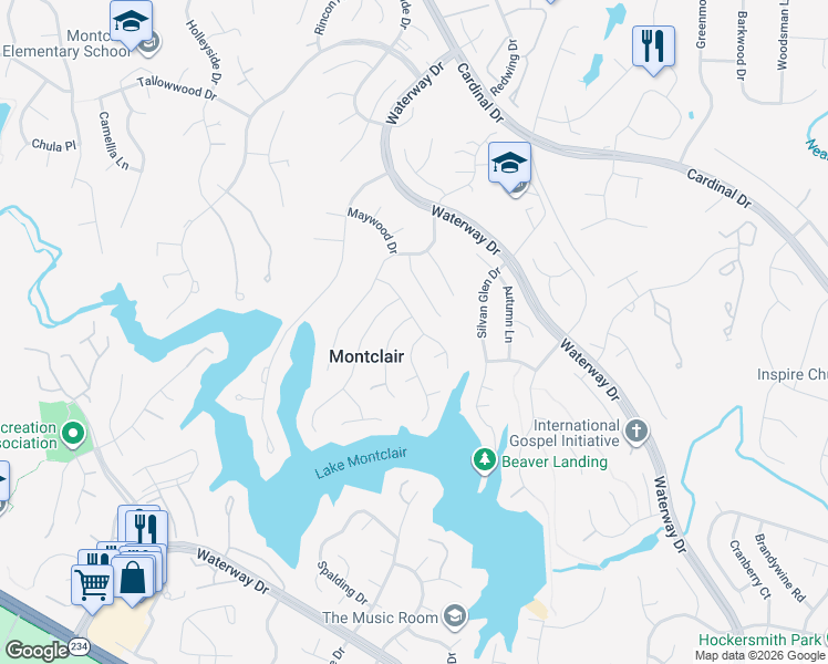 map of restaurants, bars, coffee shops, grocery stores, and more near 15418 Skyline Drive in Montclair