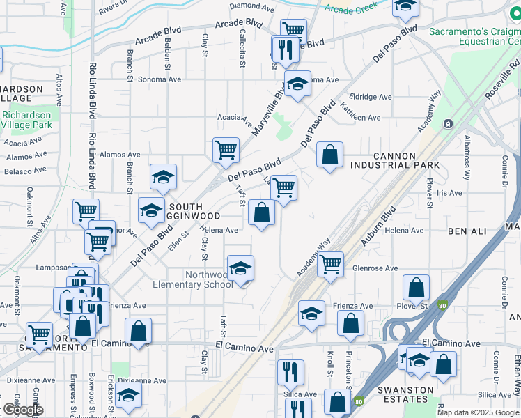 map of restaurants, bars, coffee shops, grocery stores, and more near 26 Ashley Oaks Court in Sacramento