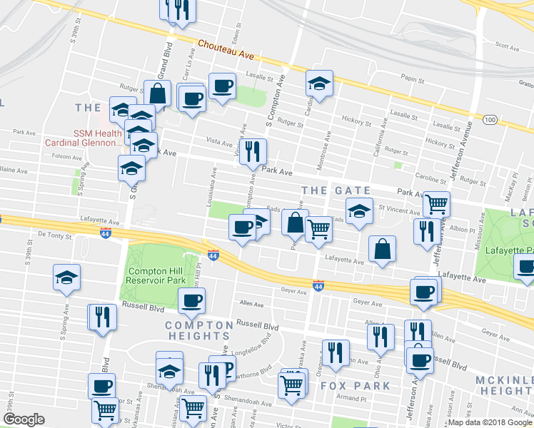 map of restaurants, bars, coffee shops, grocery stores, and more near 3110 Eads Avenue in St. Louis