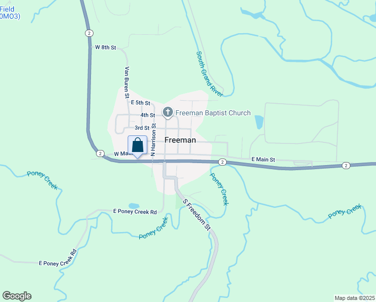 map of restaurants, bars, coffee shops, grocery stores, and more near 204 East Main Street in Freeman