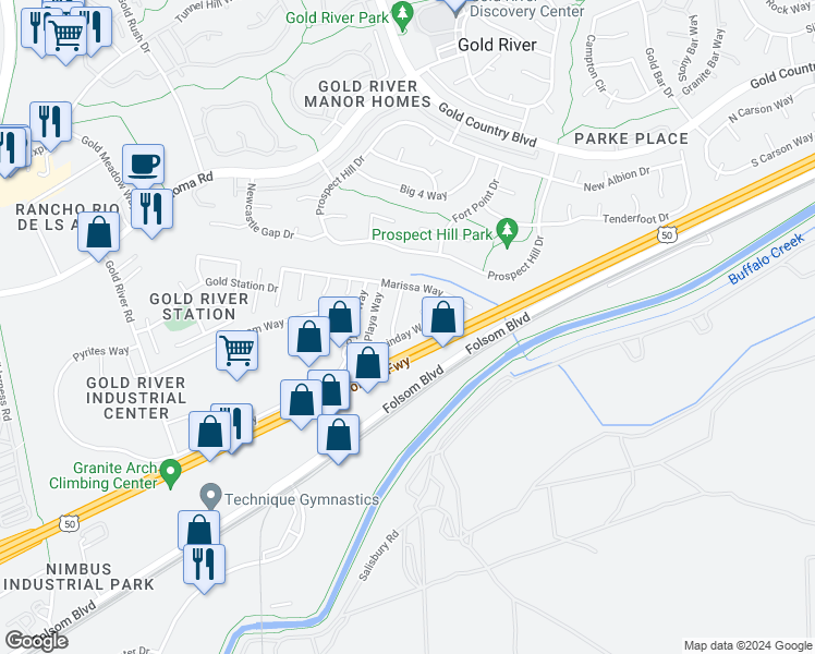 map of restaurants, bars, coffee shops, grocery stores, and more near 11551 Linday Way in Gold River