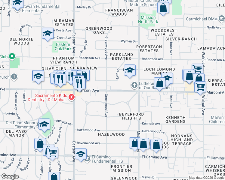 map of restaurants, bars, coffee shops, grocery stores, and more near 4544 Marconi Avenue in Sacramento