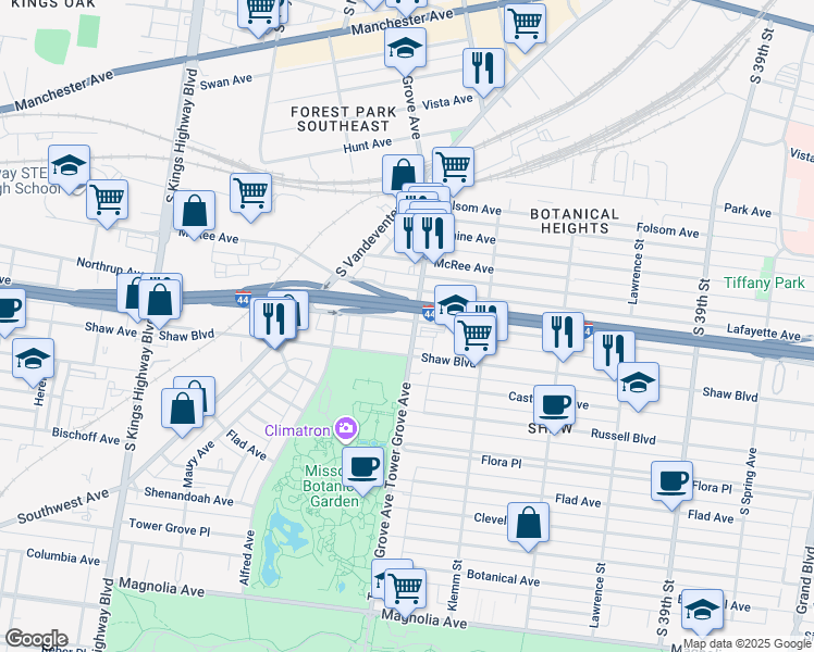 map of restaurants, bars, coffee shops, grocery stores, and more near 4302 De Tonty Street in St. Louis