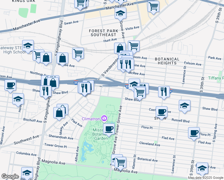 map of restaurants, bars, coffee shops, grocery stores, and more near 4344 De Tonty Street in St. Louis