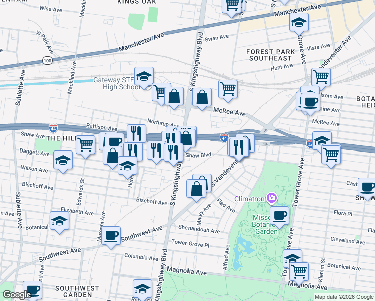 map of restaurants, bars, coffee shops, grocery stores, and more near 4673-4691 Shaw Boulevard in St. Louis