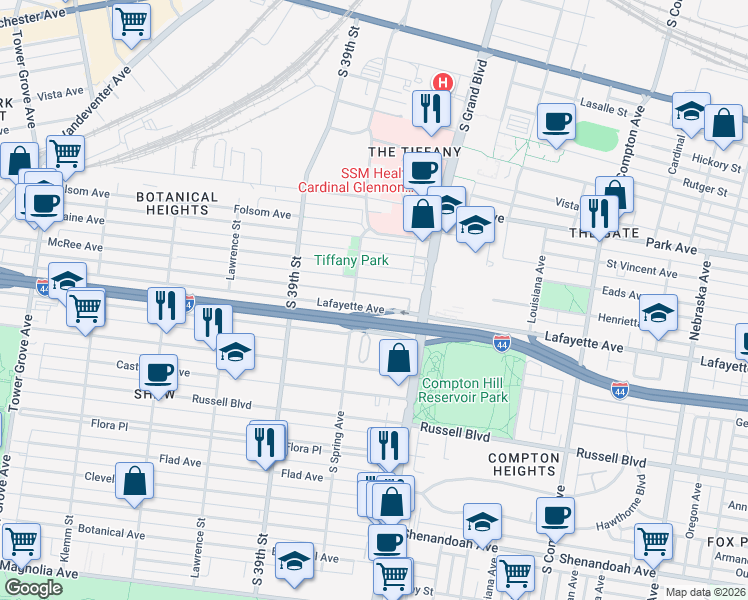 map of restaurants, bars, coffee shops, grocery stores, and more near 3661 Lafayette Ave in St Louis