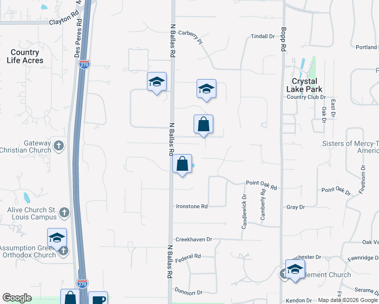 map of restaurants, bars, coffee shops, grocery stores, and more near 2060 North Ballas Road in Des Peres