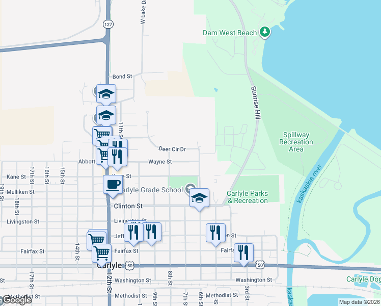 map of restaurants, bars, coffee shops, grocery stores, and more near 610 Deer Circle Drive in Carlyle