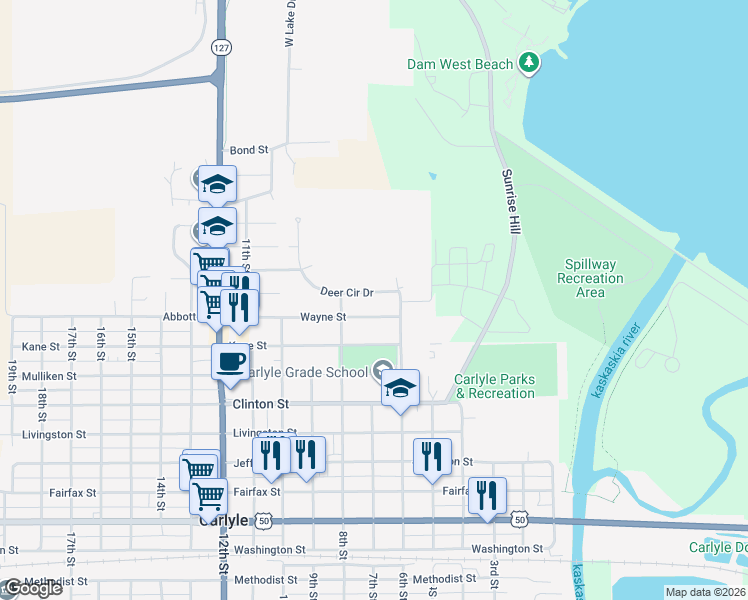 map of restaurants, bars, coffee shops, grocery stores, and more near 750 Deer Circle Drive in Carlyle