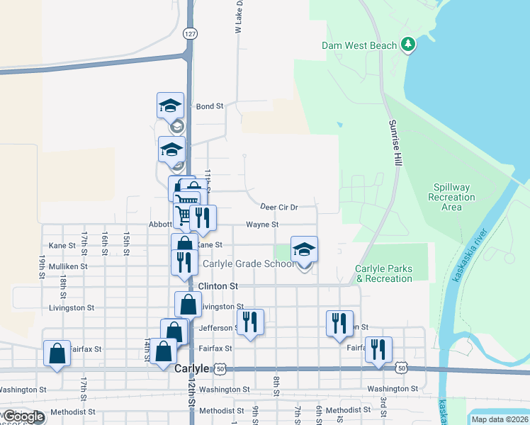 map of restaurants, bars, coffee shops, grocery stores, and more near 830 Deer Circle Drive in Carlyle