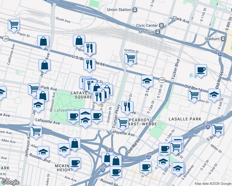 map of restaurants, bars, coffee shops, grocery stores, and more near 1225 Dolman Street in St. Louis