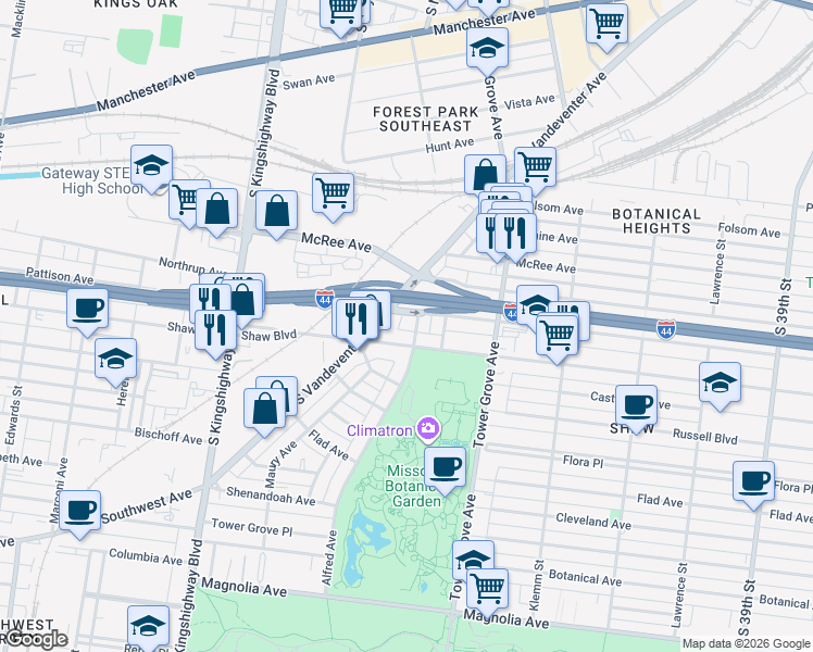map of restaurants, bars, coffee shops, grocery stores, and more near 1829 Alfred Avenue in St. Louis