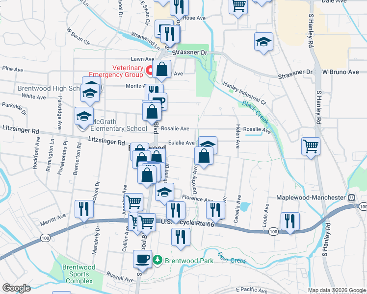 map of restaurants, bars, coffee shops, grocery stores, and more near 8726 Eulalie Avenue in Brentwood