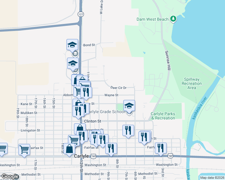 map of restaurants, bars, coffee shops, grocery stores, and more near 830 Deer Circle Drive in Carlyle