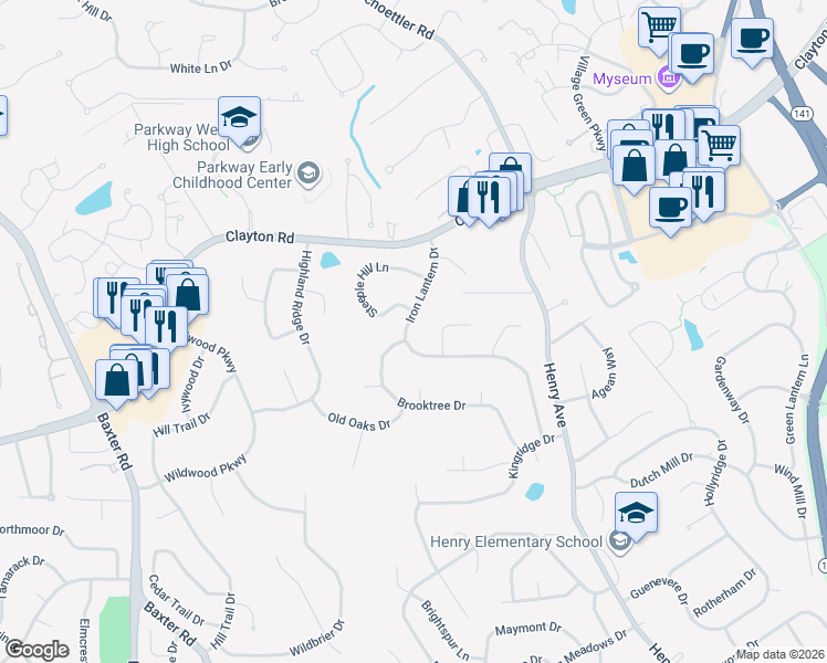 map of restaurants, bars, coffee shops, grocery stores, and more near 502 Iron Lantern Drive in Ballwin