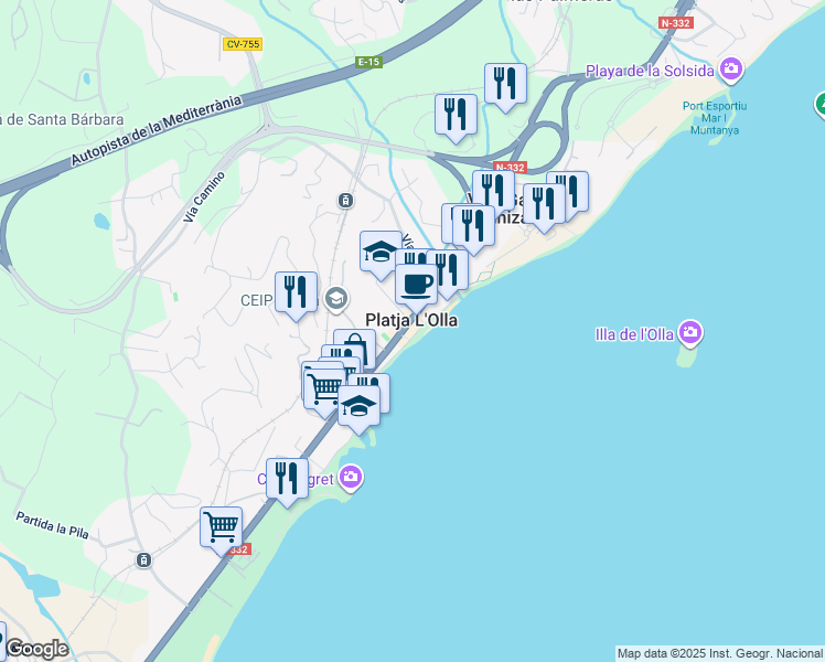 map of restaurants, bars, coffee shops, grocery stores, and more near 12A Partida la Olla in Altea