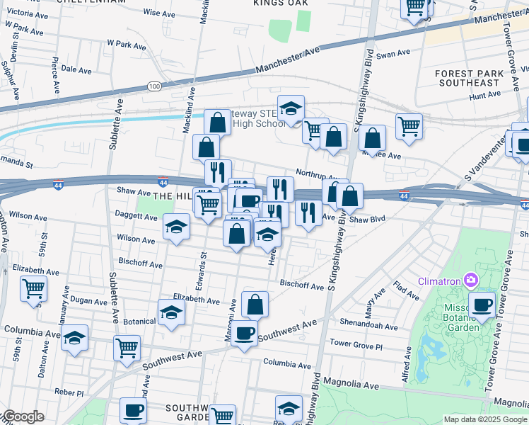map of restaurants, bars, coffee shops, grocery stores, and more near 5124 Shaw Avenue in St. Louis
