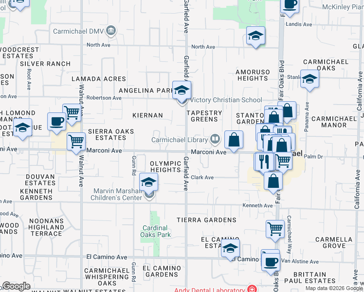 map of restaurants, bars, coffee shops, grocery stores, and more near 2905 Garfield Avenue in Carmichael