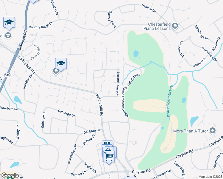map of restaurants, bars, coffee shops, grocery stores, and more near 2016 Jeffrimill Court in Chesterfield