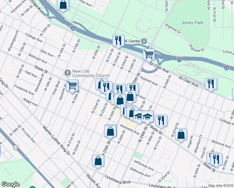 map of restaurants, bars, coffee shops, grocery stores, and more near 612 North 23rd Street in East St. Louis