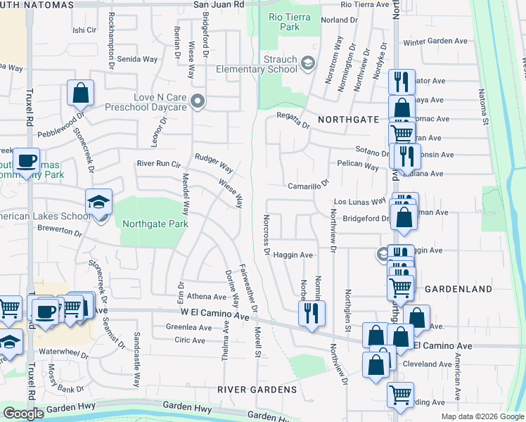 map of restaurants, bars, coffee shops, grocery stores, and more near 2855 Norcross Drive in Sacramento